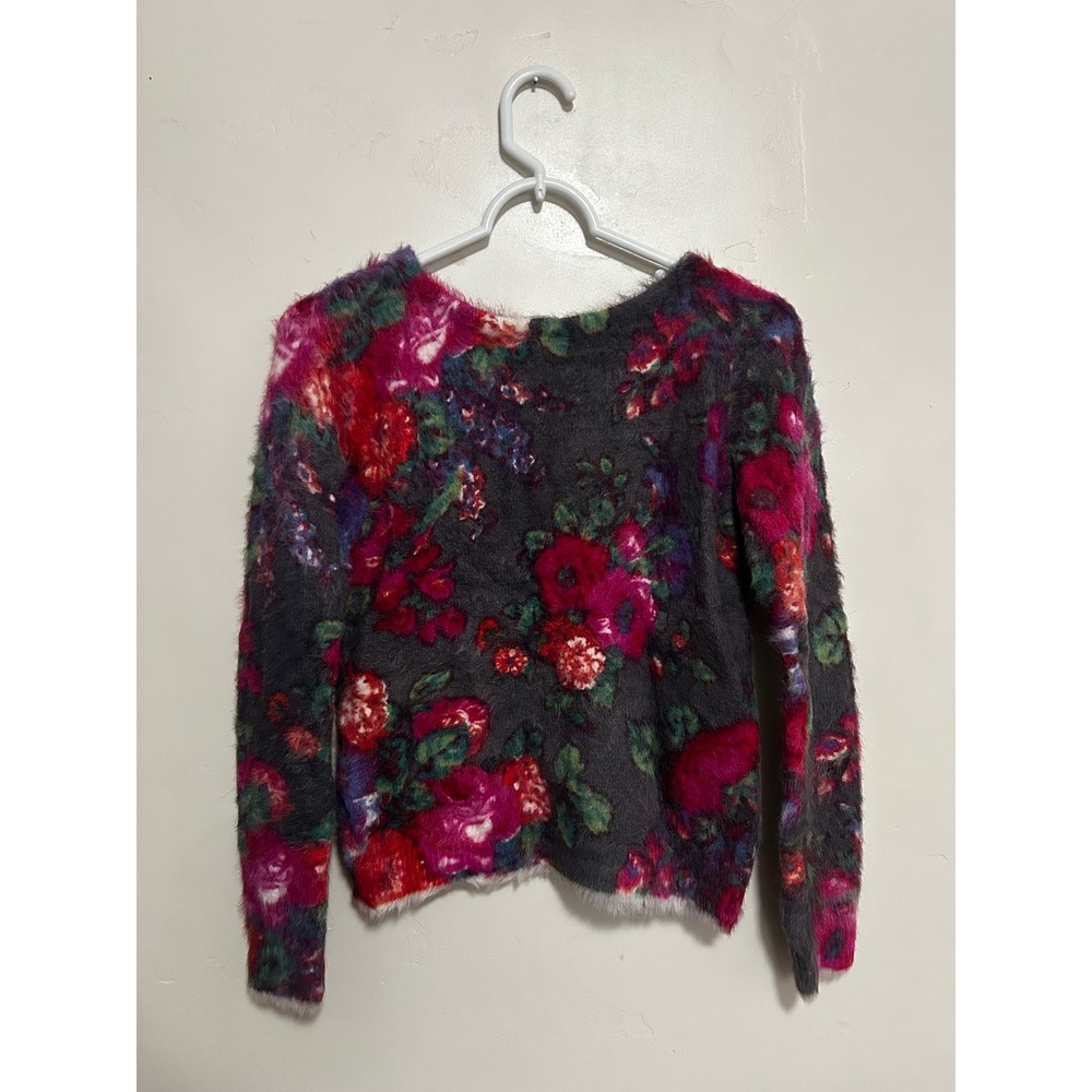 Meadow Rue Anthropologie Ariel Floral Eyelash Knit Fuzzy Sweater Grey Pink XS - Picture 2 of 7